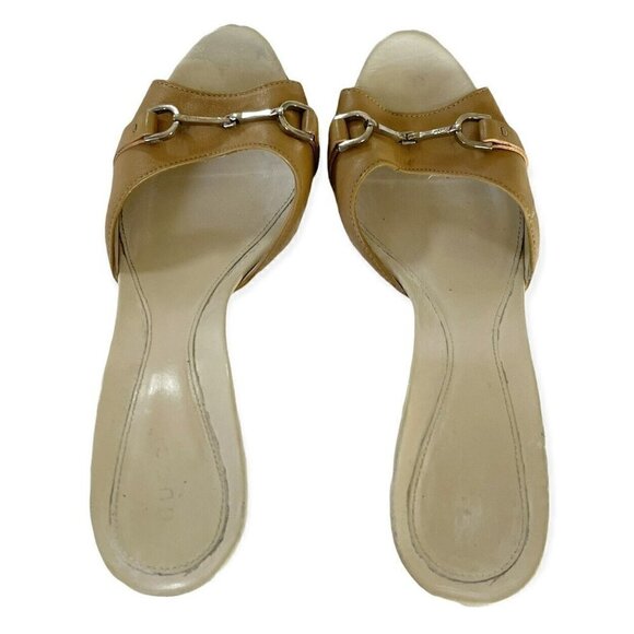 Gucci Women's Tan Leather Open Toe High Heel Slide Horsebit Sandals Sz 39 US 8.5 - Picture 3 of 11